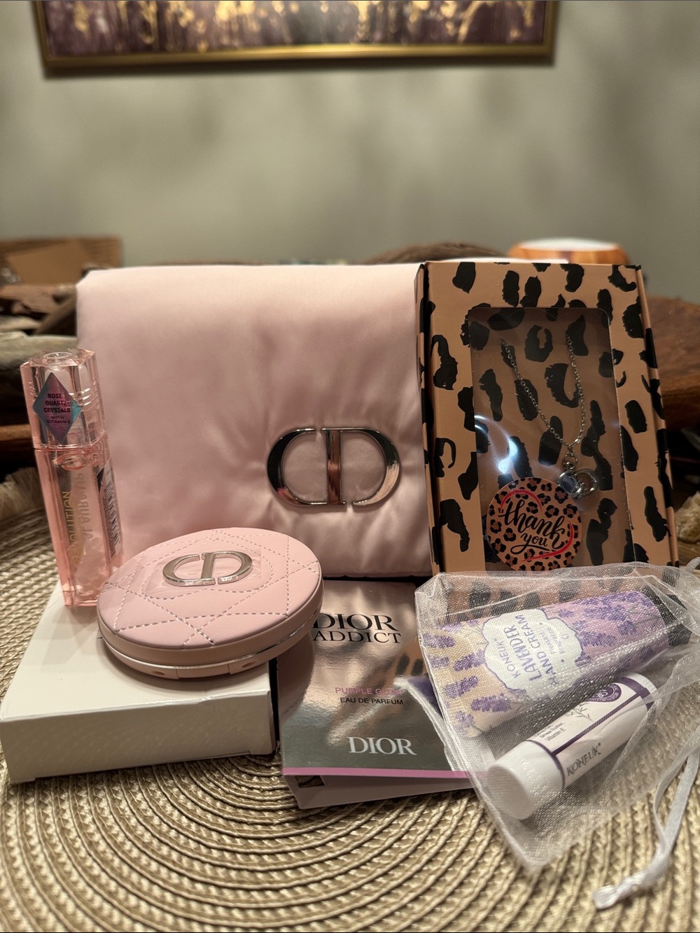 Beauty Bundle with Pink Quilted Compact, makeup bag,Lippy, lotion Necklace Set